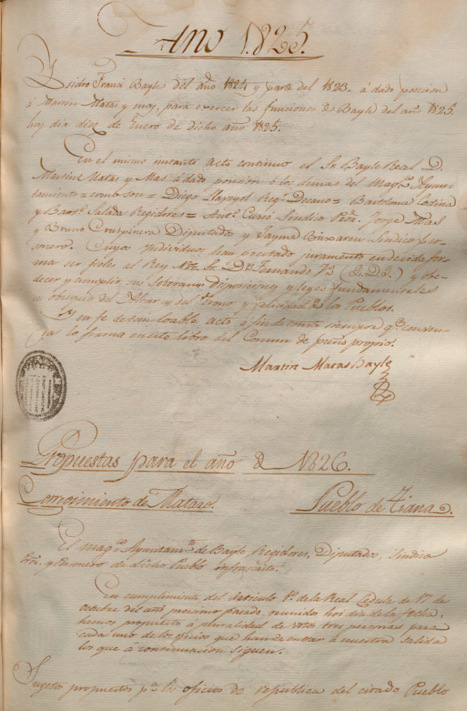 Acta Ajuntament de Tiana any 1825